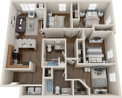 Floor plan for 4 beds, 2 baths, 1223 sqft
